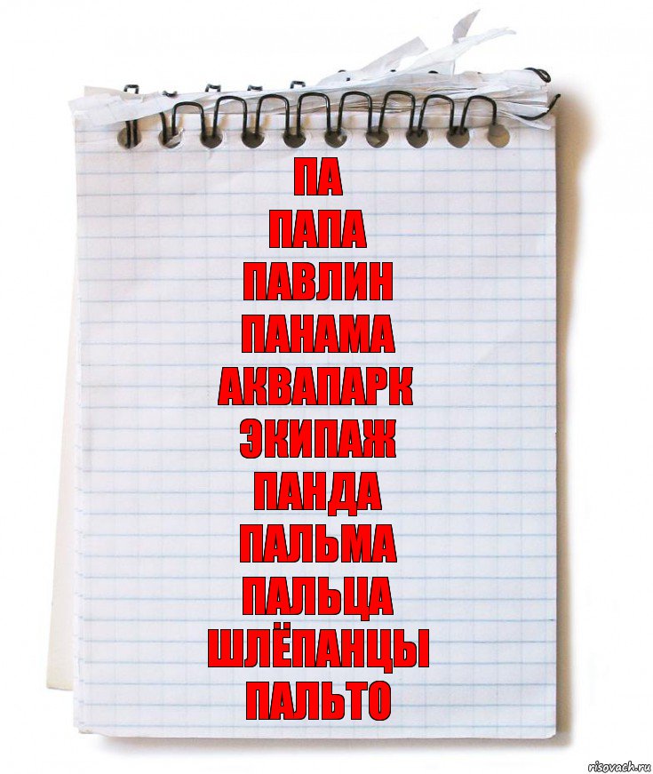 Па
Папа
Павлин
Панама
Аквапарк
Экипаж
Панда
Пальма
Пальца
Шлёпанцы
Пальто, Комикс   блокнот с пружинкой