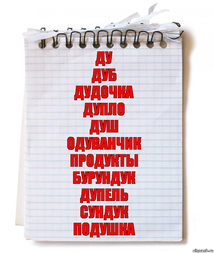 Ду
Дуб
Дудочка
Дупло
Душ
Одуванчик
Продукты
Бурундук
Дупель
Сундук
Подушка, Комикс   блокнот с пружинкой