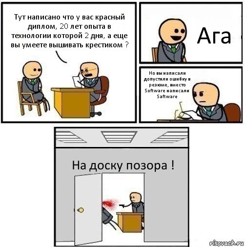 Тут написано что у вас красный диплом, 20 лет опыта в технологии которой 2 дня, а еще вы умеете вышивать крестиком ? Ага Но вы написали допустили ошибку в резюме, вместо Software написали Saftware На доску позора !