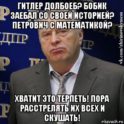 гитлер долбоеб? бобик заебал со своей историей? петрович с математикой? хватит это терпеть! пора расстрелять их всех и скушать!, Мем Хватит это терпеть (Жириновский)