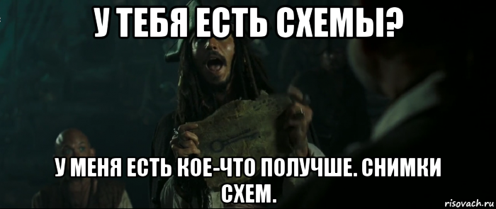 у тебя есть схемы? у меня есть кое-что получше. снимки схем., Мем Капитан Джек Воробей и изображение ключа