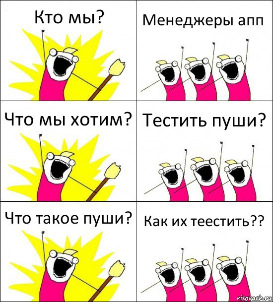 Кто мы? Менеджеры апп Что мы хотим? Тестить пуши? Что такое пуши? Как их теестить??, Комикс кто мы