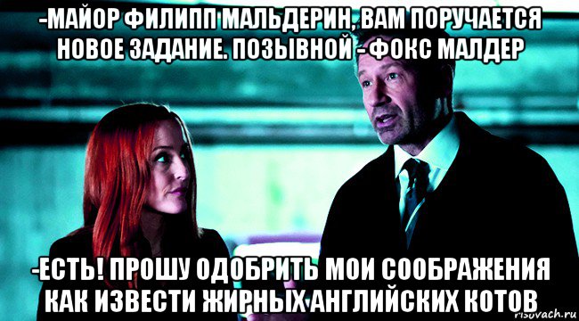 -майор филипп мальдерин, вам поручается новое задание. позывной - фокс малдер -есть! прошу одобрить мои соображения как извести жирных английских котов