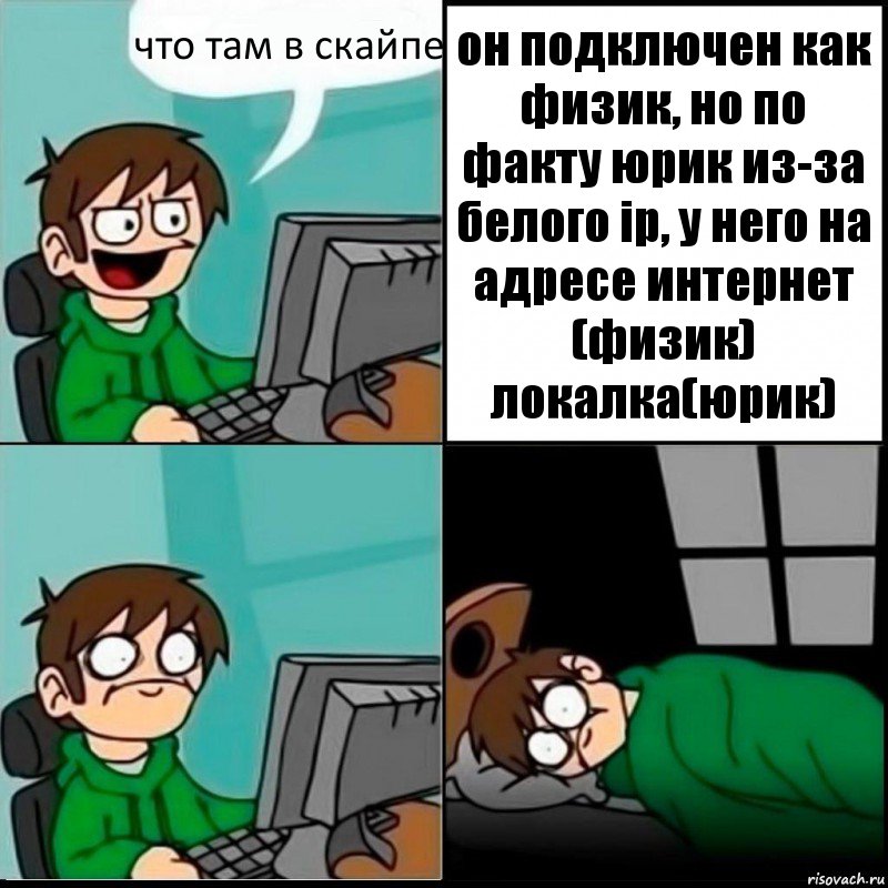 что там в скайпе он подключен как физик, но по факту юрик из-за белого ip, у него на адресе интернет (физик) локалка(юрик), Комикс   не уснуть