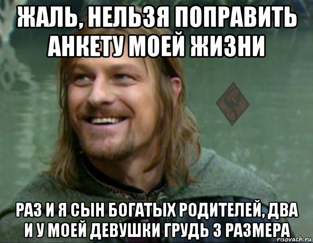 жаль, нельзя поправить анкету моей жизни раз и я сын богатых родителей, два и у моей девушки грудь 3 размера, Мем ОР Тролль Боромир