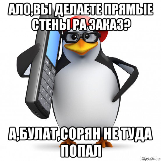 ало,вы делаете прямые стены ра заказ? а,булат,сорян не туда попал, Мем   Пингвин звонит