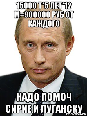 15000 т*5 лет*12 м=900000 руб от каждого надо помоч сирие и луганску, Мем Путин