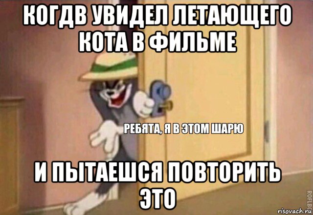 когдв увидел летающего кота в фильме и пытаешся повторить это, Мем    Ребята я в этом шарю