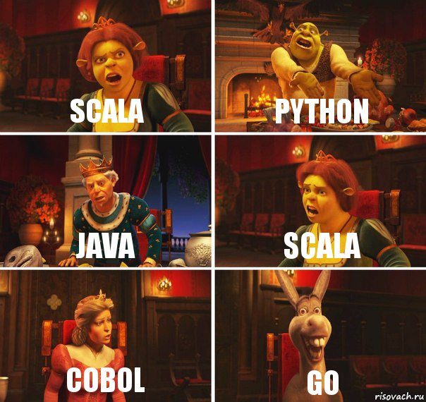 Scala Python Java Scala cobol go, Комикс  Шрек Фиона Гарольд Осел