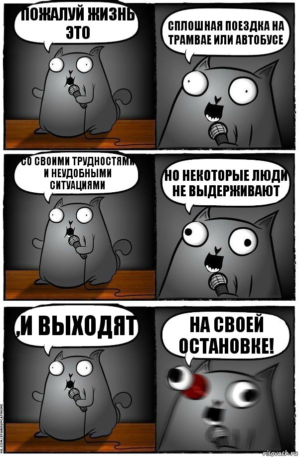 Пожалуй Жизнь это сплошная поездка на трамвае или автобусе со своими трудностями и неудобными ситуациями Но некоторые люди не выдерживают ,и выходят на своей Остановке!, Комикс  Стендап-кот