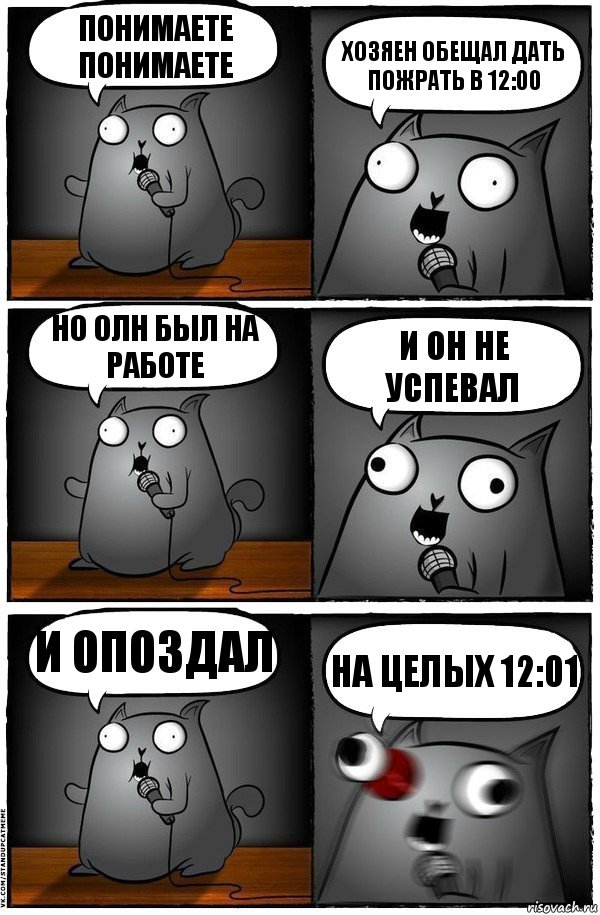 понимаете понимаете хозяен обещал дать пожрать в 12:00 но олн был на работе и он не успевал и опоздал на целых 12:01