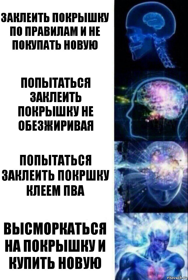 Заклеить покрышку по правилам и не покупать новую Попытаться заклеить покрышку не обезжиривая Попытаться заклеить покршку клеем ПВА Высморкаться на покрышку и купить новую, Комикс  Сверхразум