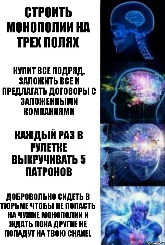 строить монополии на трех полях купит все подряд, заложить все и предлагать договоры с заложенными компаниями каждый раз в рулетке выкручивать 5 патронов добровольно сидеть в тюрьме чтобы не попасть на чужие монополии и ждать пока другие не попадут на твою chanel, Комикс  Сверхразум