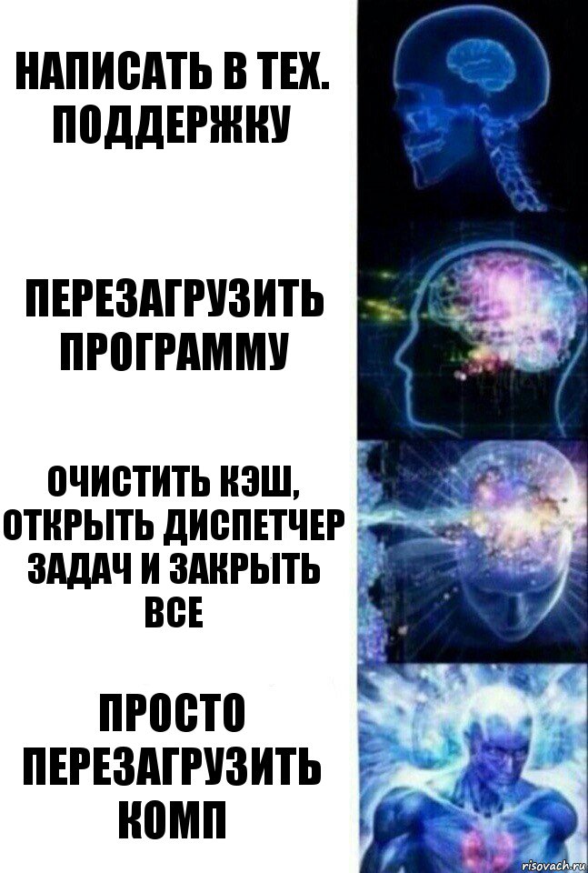 написать в тех. поддержку перезагрузить программу очистить кэш, открыть диспетчер задач и закрыть все просто перезагрузить комп, Комикс  Сверхразум