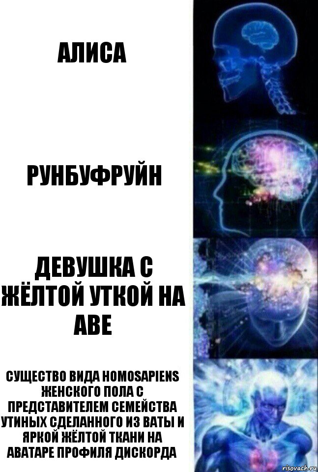 Алиса Рунбуфруйн Девушка с жёлтой уткой на аве Существо вида homosapiens женского пола с представителем семейства утиных сделанного из ваты и яркой жёлтой ткани на аватаре профиля дискорда, Комикс  Сверхразум