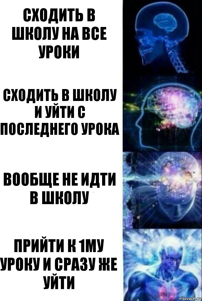 сходить в школу на все уроки сходить в школу и уйти с последнего урока вообще не идти в школу прийти к 1му уроку и сразу же уйти, Комикс  Сверхразум