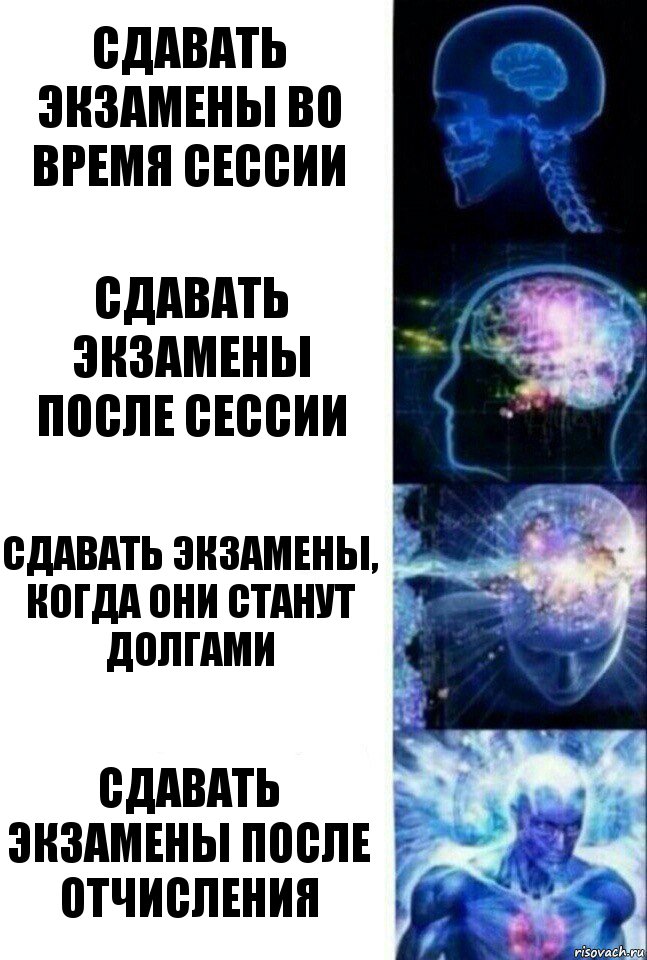 СДАВАТЬ ЭКЗАМЕНЫ ВО ВРЕМЯ СЕССИИ СДАВАТЬ ЭКЗАМЕНЫ ПОСЛЕ СЕССИИ СДАВАТЬ ЭКЗАМЕНЫ, КОГДА ОНИ СТАНУТ ДОЛГАМИ СДАВАТЬ ЭКЗАМЕНЫ ПОСЛЕ ОТЧИСЛЕНИЯ, Комикс  Сверхразум