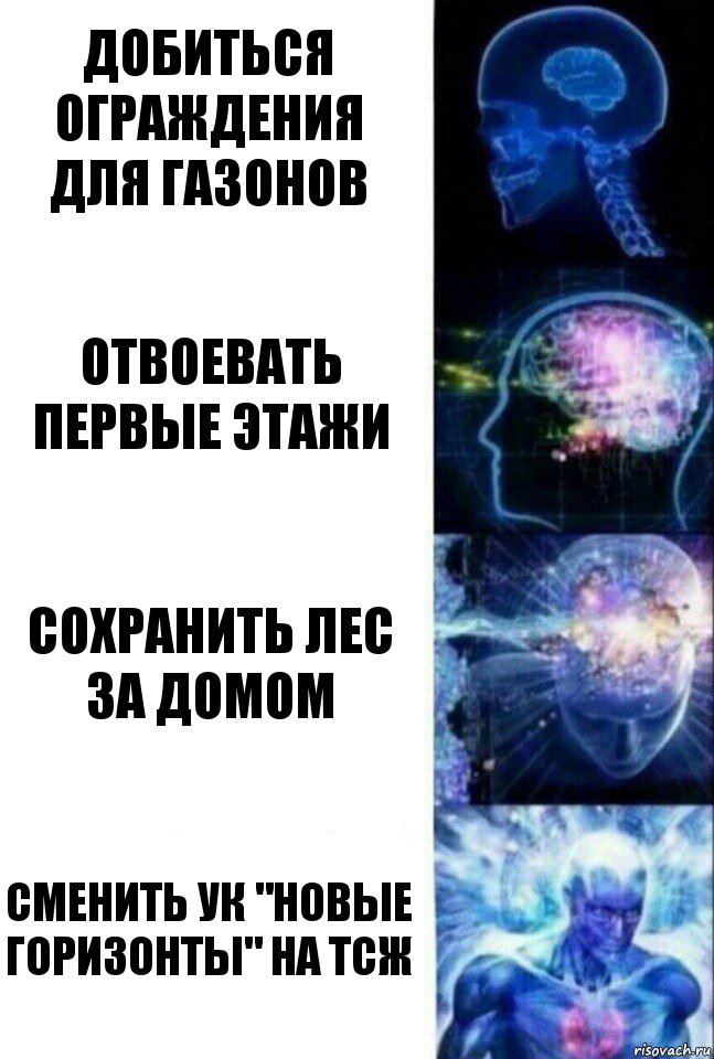 Добиться ограждения для газонов Отвоевать первые этажи Сохранить лес за домом Сменить УК "Новые Горизонты" на ТСЖ, Комикс  Сверхразум