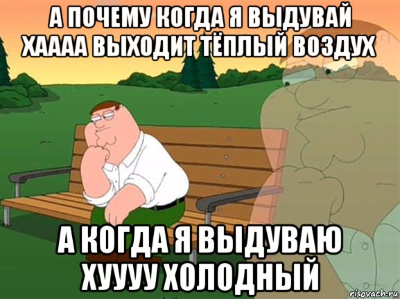 а почему когда я выдувай хаааа выходит тёплый воздух а когда я выдуваю хуууу холодный, Мем Задумчивый Гриффин