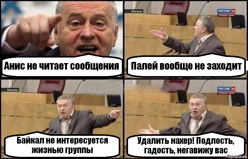 Анис не читает сообщения Палей вообще не заходит Байкал не интересуется жизнью группы Удалить нахер! Подлость, гадость, негавижу вас