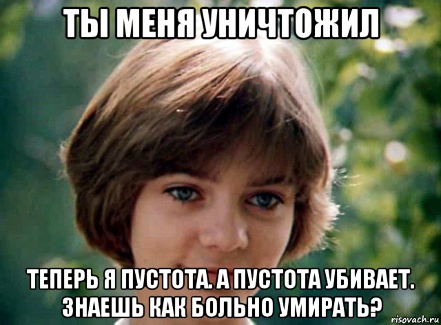 ты меня уничтожил теперь я пустота. а пустота убивает. знаешь как больно умирать?