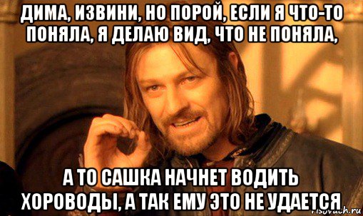 дима, извини, но порой, если я что-то поняла, я делаю вид, что не поняла, а то сашка начнет водить хороводы, а так ему это не удается, Мем Нельзя просто так взять и (Боромир мем)