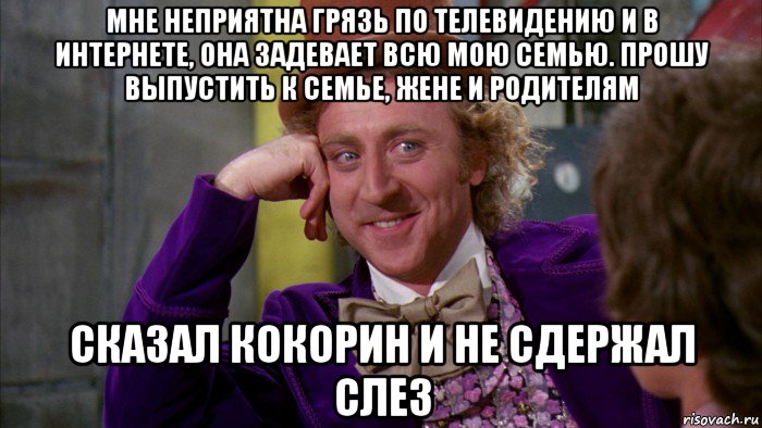 мне неприятна грязь по телевидению и в интернете, она задевает всю мою семью. прошу выпустить к семье, жене и родителям сказал кокорин и не сдержал слез, Мем Ну давай расскажи (Вилли Вонка)