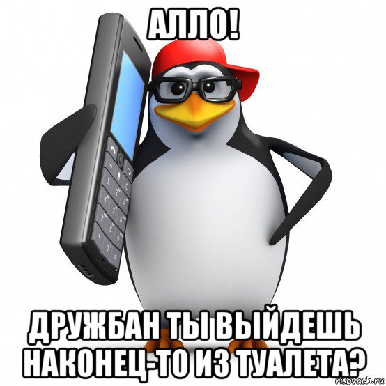 алло! дружбан ты выйдешь наконец-то из туалета?, Мем   Пингвин звонит