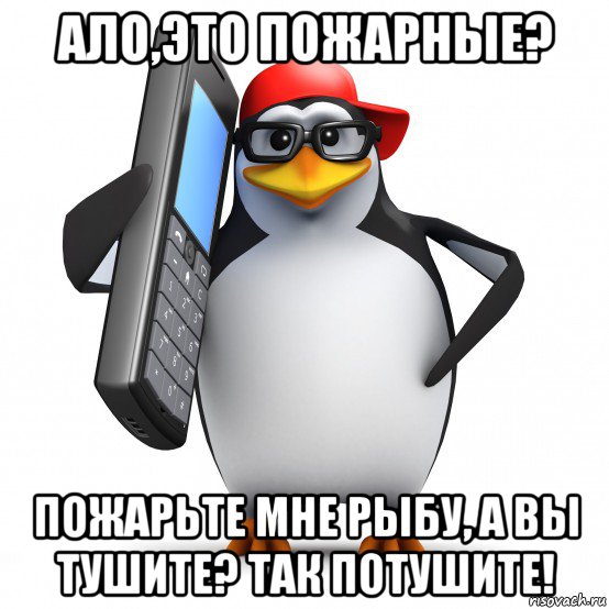 ало,это пожарные? пожарьте мне рыбу, а вы тушите? так потушите!, Мем   Пингвин звонит