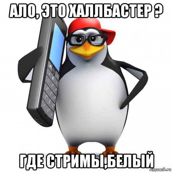 ало, это халлбастер ? где стримы,белый, Мем   Пингвин звонит