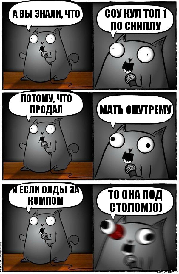 а вы знали, что соу кул топ 1 по скиллу потому, что продал мать онутрему и если олды за компом то она под столом)0)