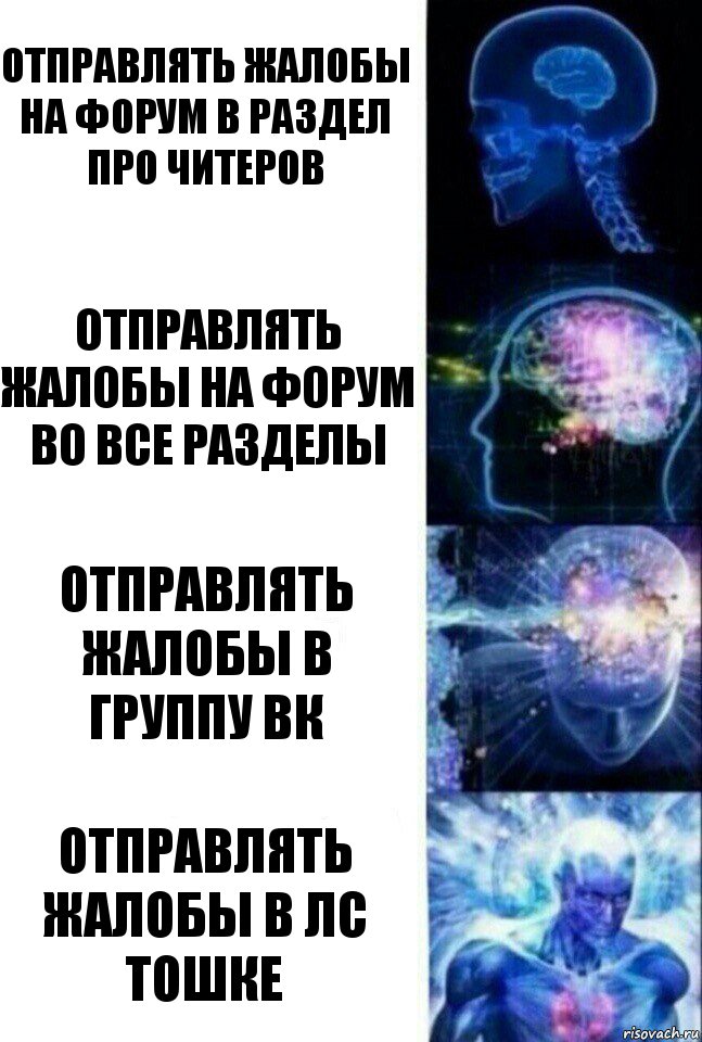 Отправлять жалобы на форум в раздел про читеров Отправлять жалобы на форум во все разделы Отправлять жалобы в группу вк Отправлять жалобы в лс Тошке, Комикс  Сверхразум