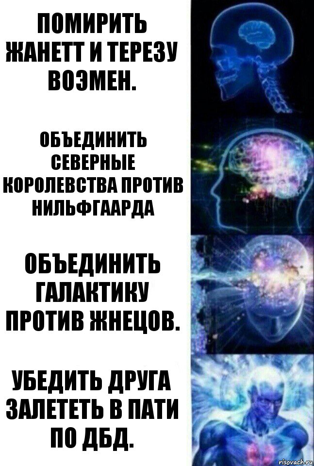 Помирить Жанетт и Терезу Воэмен. Объединить Северные Королевства против Нильфгаарда Объединить галактику против Жнецов. Убедить друга залететь в пати по ДБД., Комикс  Сверхразум