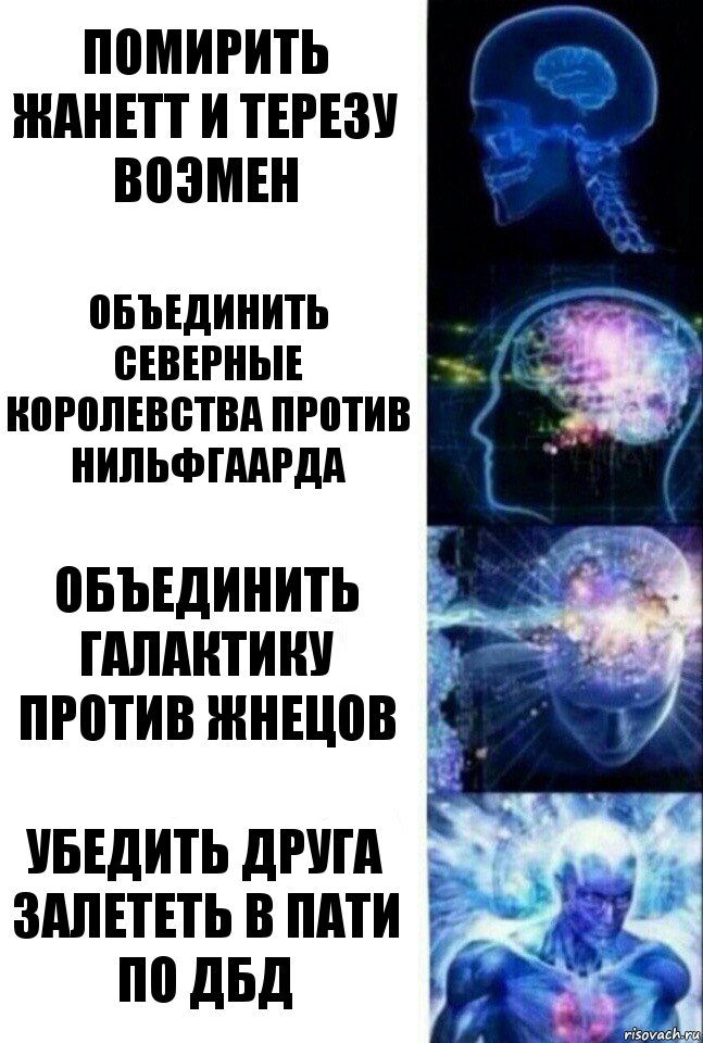 Помирить Жанетт и Терезу Воэмен Объединить Северные Королевства против Нильфгаарда Объединить галактику против Жнецов Убедить друга залететь в пати по ДБД, Комикс  Сверхразум