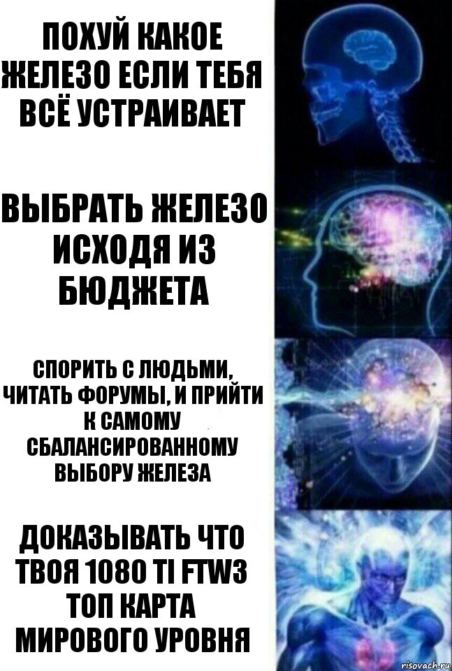 Похуй какое железо если тебя всё устраивает Выбрать железо исходя из бюджета Спорить с людьми, читать форумы, и прийти к самому сбалансированному выбору железа Доказывать что твоя 1080 TI FTW3 топ карта мирового уровня, Комикс  Сверхразум