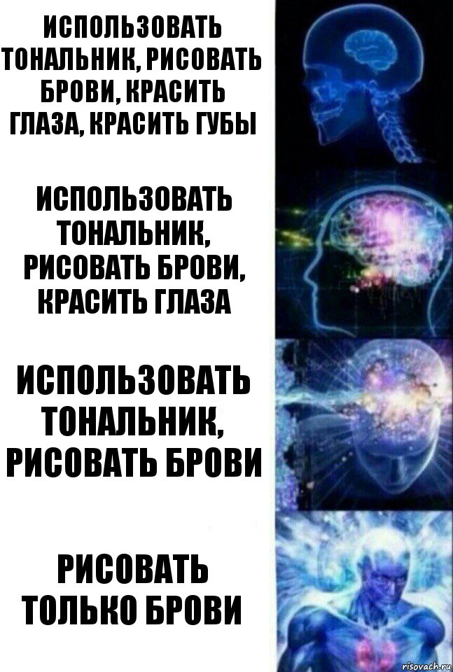 использовать тональник, рисовать брови, красить глаза, красить губы использовать тональник, рисовать брови, красить глаза использовать тональник, рисовать брови рисовать только брови, Комикс  Сверхразум