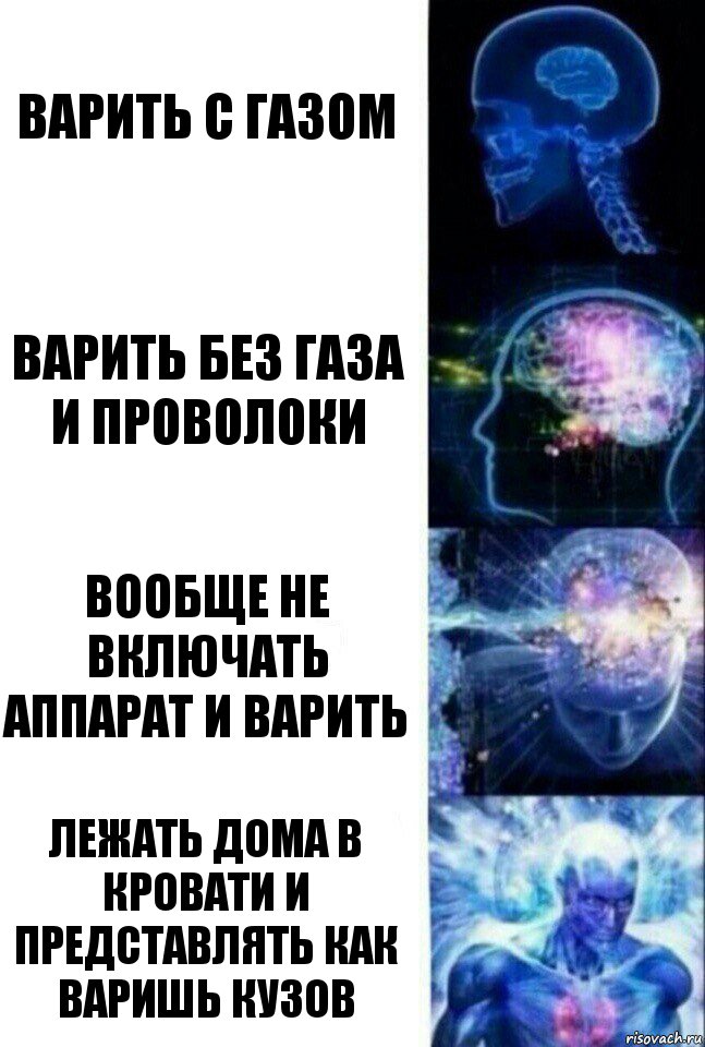 Варить с газом Варить без газа и проволоки Вообще не включать аппарат и варить Лежать дома в кровати и представлять как варишь кузов, Комикс  Сверхразум