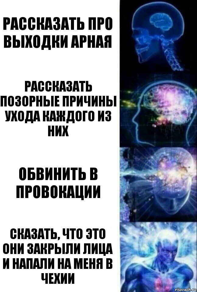 Рассказать про выходки Арная Рассказать позорные причины ухода каждого из них Обвинить в провокации Сказать, что это они закрыли лица и напали на меня в Чехии, Комикс  Сверхразум