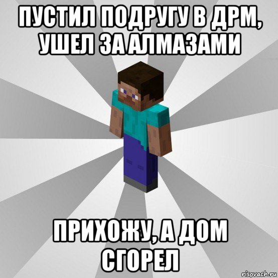 пустил подругу в дрм, ушел за алмазами прихожу, а дом сгорел, Мем Типичный игрок Minecraft