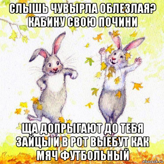 слышь чувырла облезлая? кабину свою почини ща допрыгают до тебя зайцы и в рот выебут как мяч футбольный