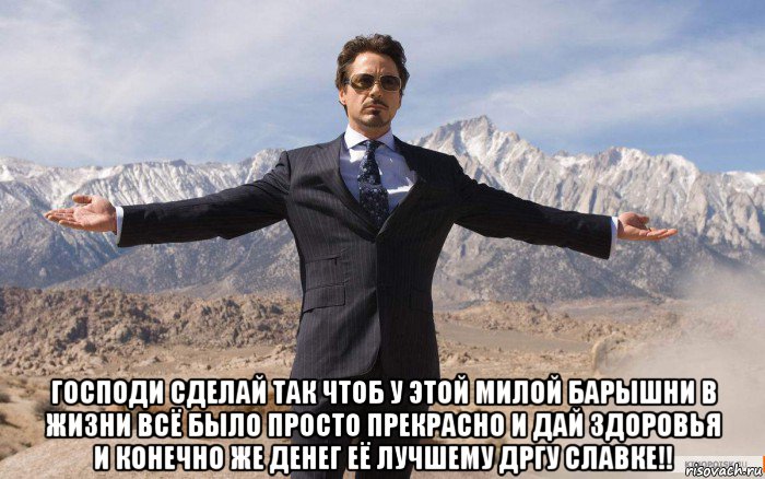  господи сделай так чтоб у этой милой барышни в жизни всё было просто прекрасно и дай здоровья и конечно же денег её лучшему дргу славке!!, Мем железный человек