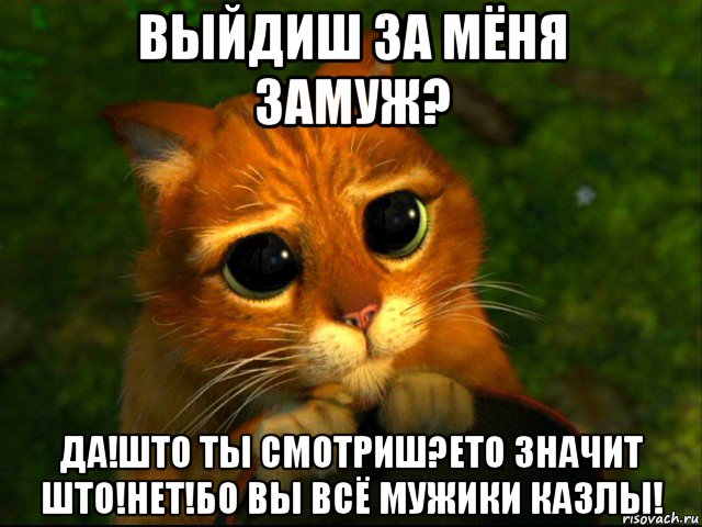 выйдиш за мёня замуж? да!што ты смотриш?ето значит што!нет!бо вы всё мужики казлы!