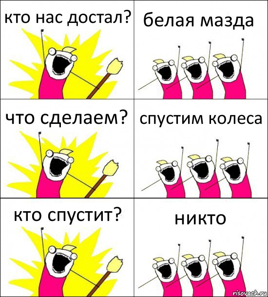 кто нас достал? белая мазда что сделаем? спустим колеса кто спустит? никто, Комикс кто мы