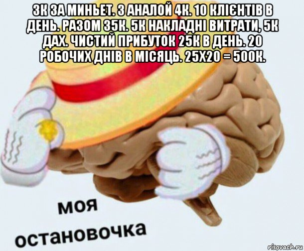 3к за миньет. з аналой 4к. 10 клієнтів в день. разом 35к. 5к накладні витрати, 5к дах. чистий прибуток 25к в день. 20 робочих днів в місяць. 25х20 = 500к. , Мем   Моя остановочка мозг