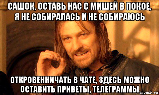 сашок, оставь нас с мишей в покое, я не собиралась и не собираюсь откровенничать в чате, здесь можно оставить приветы, телеграммы, Мем Нельзя просто так взять и (Боромир мем)