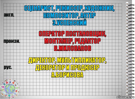 сценарист, режиссер, художник,
композитор, актер
э.успенский оператор постановщик,
монтажер, редактор
в.милованов директор, мультипликатор,
декоратор и продюсер
а.борисова, Комикс  Перевод с английского