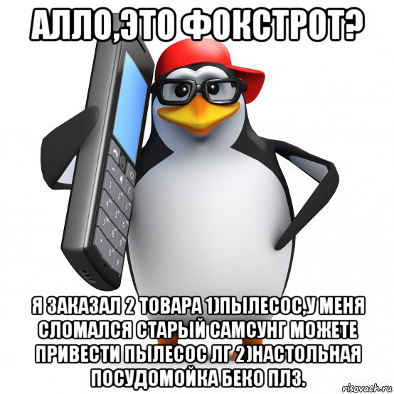 алло,это фокстрот? я заказал 2 товара 1)пылесос,у меня сломался старый самсунг можете привести пылесос лг 2)настольная посудомойка беко плз., Мем   Пингвин звонит