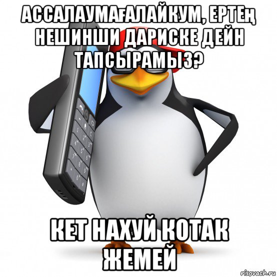 ассалаумағалайкум, ертең нешинши дариске дейн тапсырамыз? кет нахуй котак жемей, Мем   Пингвин звонит