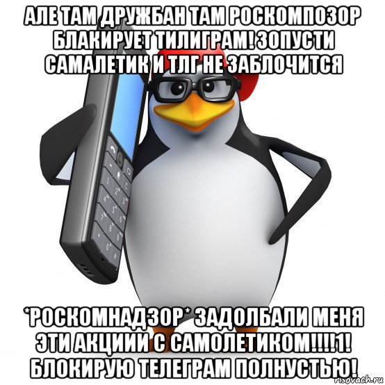 але там дружбан там роскомпозор блакирует тилиграм! зопусти самалетик и тлг не заблочится *роскомнадзор* задолбали меня эти акциии с самолетиком!!!!1! блокирую телеграм полнустью!, Мем   Пингвин звонит