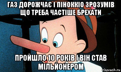 газ дорожчає і піноккіо зрозумів що треба частіше брехати пройшло 10 років і він став мільйонером